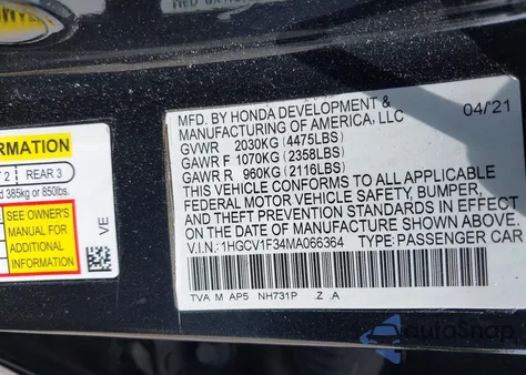 2021 Honda Accord Sport z USA, uszkodzony, nr VIN 1HGCV1F34MA066364